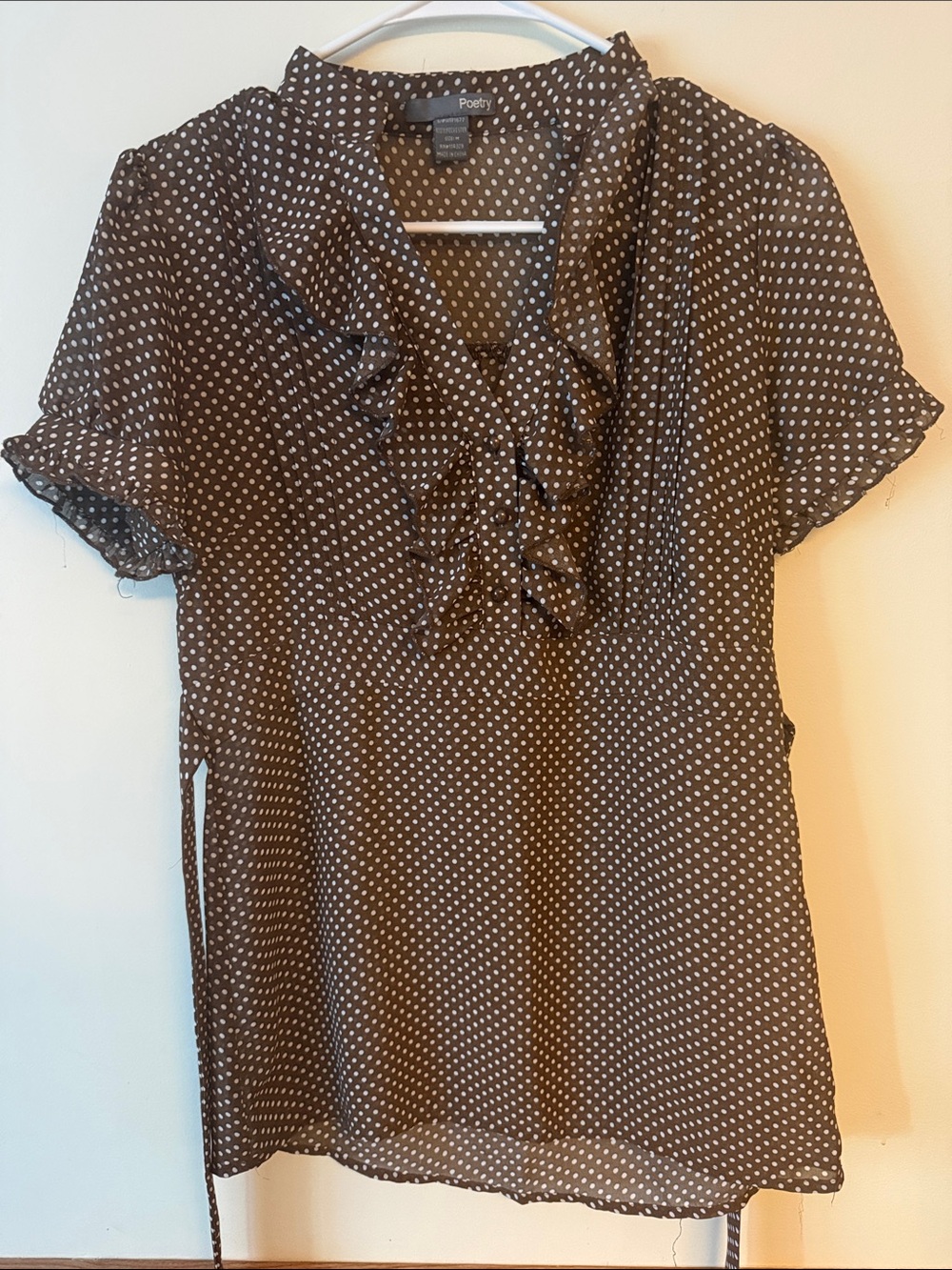 Poetry Brown and Cream Polka Dot Ruffle Blouse